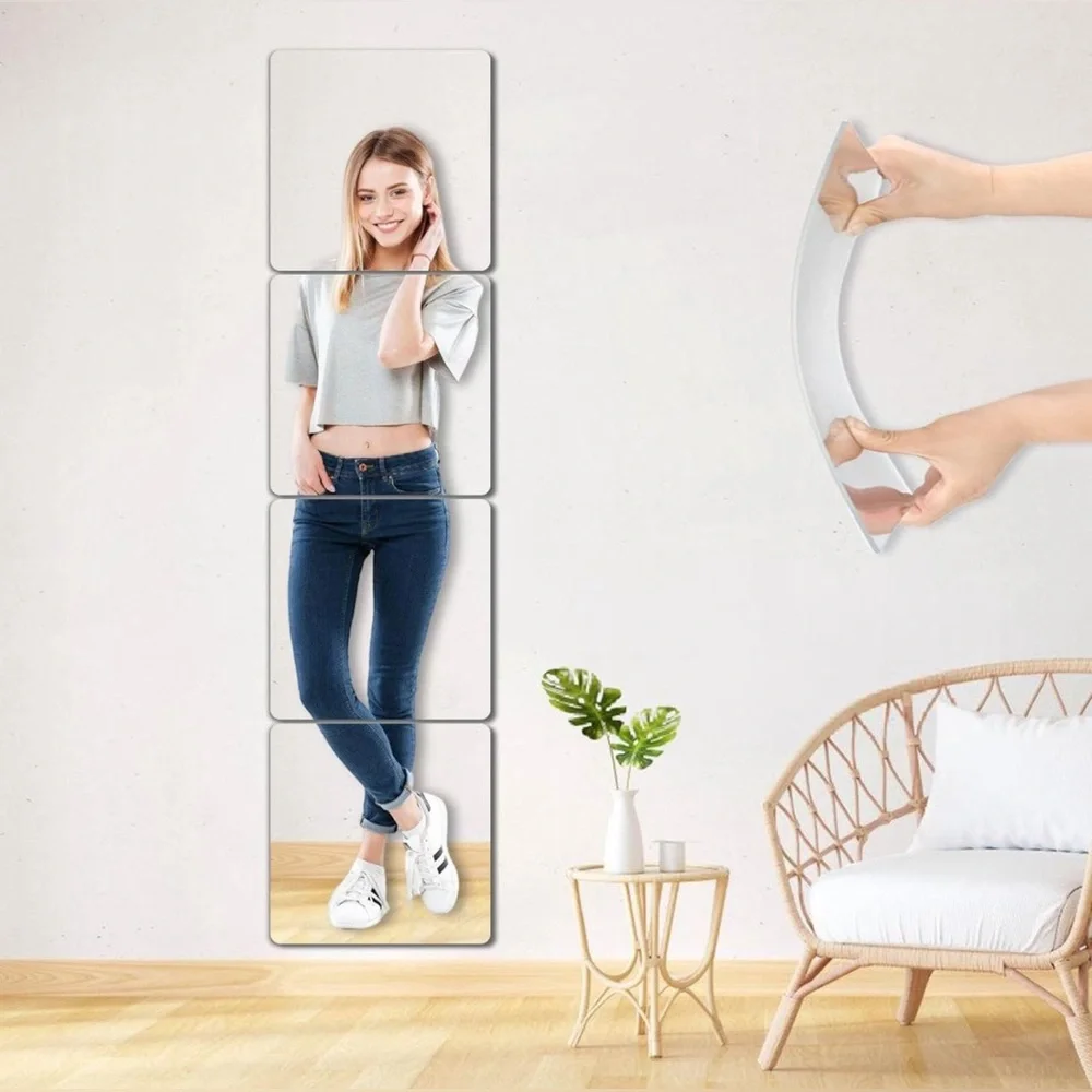 Unbreakable Wall Mirror Full Length Tiles, 4Pcs 10x10 inch Full body